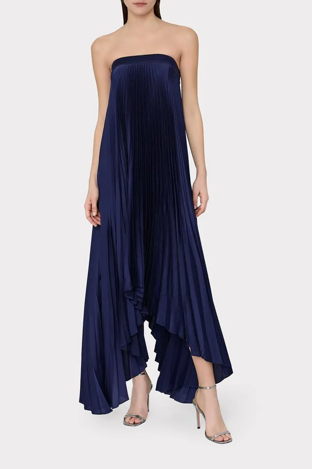Women Dresses Milly Jordyn Satin Pleated Strapless Dress Navy Women Dresses Milly Jordyn Satin Pleated Strapless Dress Navy