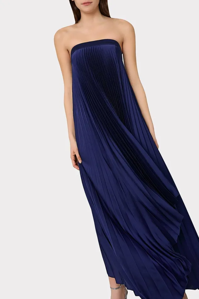 Women Dresses Milly Jordyn Satin Pleated Strapless Dress Navy Women Dresses Milly Jordyn Satin Pleated Strapless Dress Navy