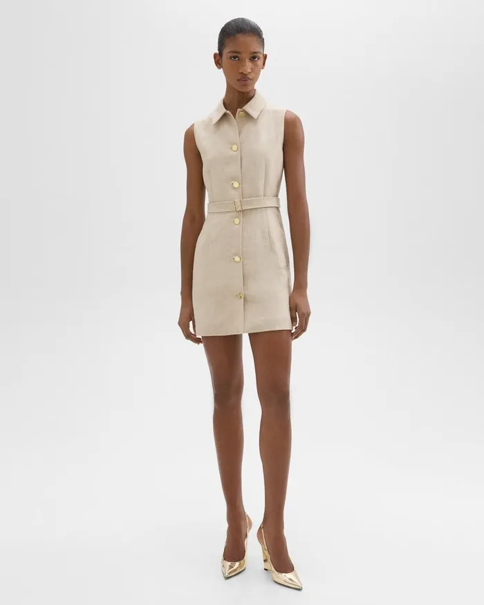 Women Dresses Theory Belted Military Dress In Basket Weave Linen Straw