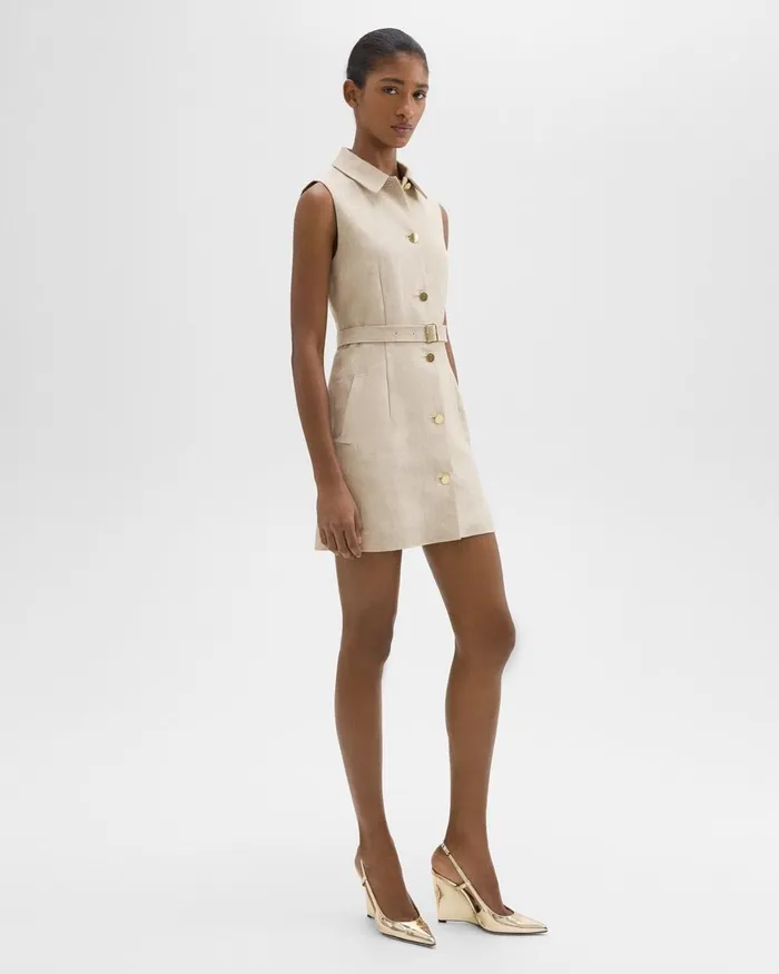 Women Dresses Theory Belted Military Dress In Basket Weave Linen Straw