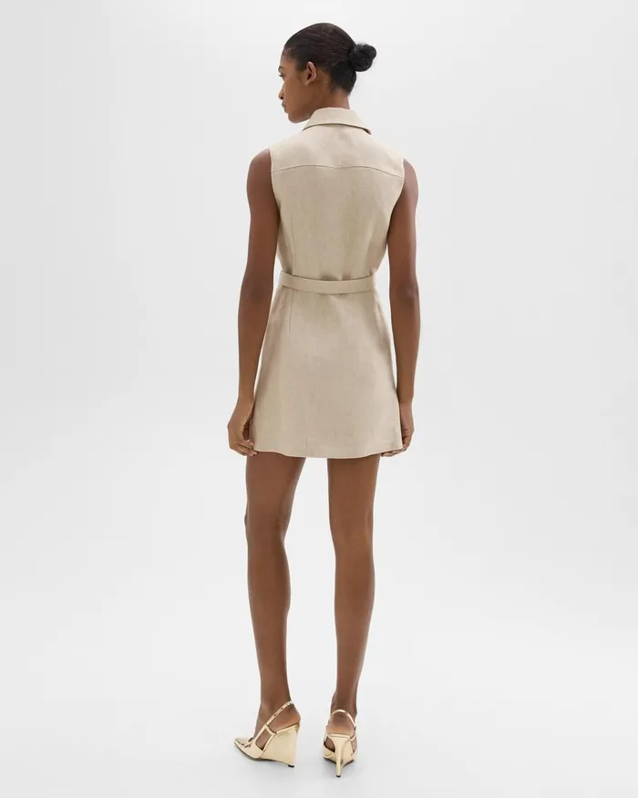 Women Dresses Theory Belted Military Dress In Basket Weave Linen Straw