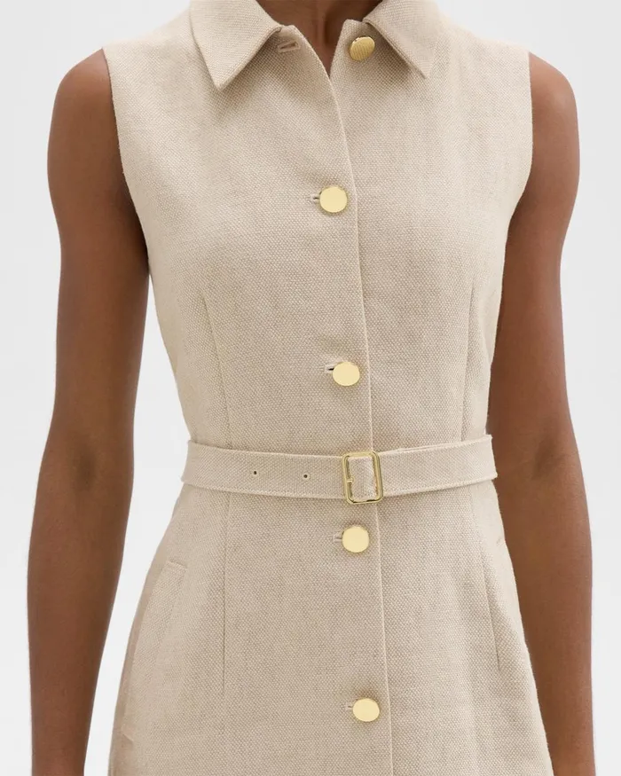 Women Dresses Theory Belted Military Dress In Basket Weave Linen Straw