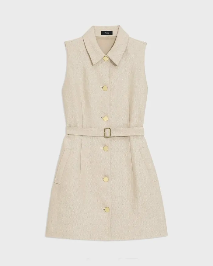 Women Dresses Theory Belted Military Dress In Basket Weave Linen Straw