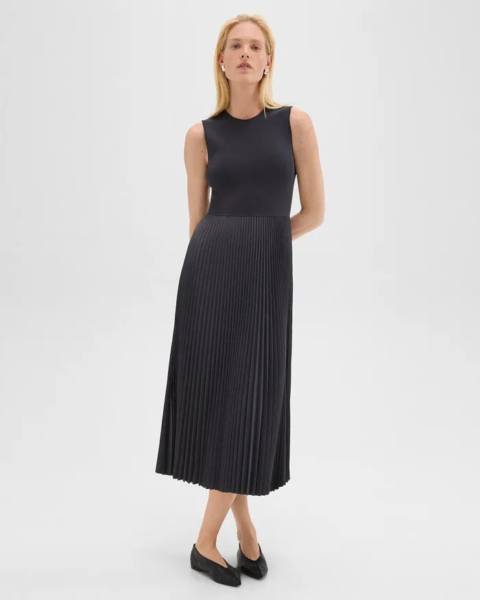 Women Dresses Theory Pleated Combo Dress In Stretch WoolBlend Charcoal Melange