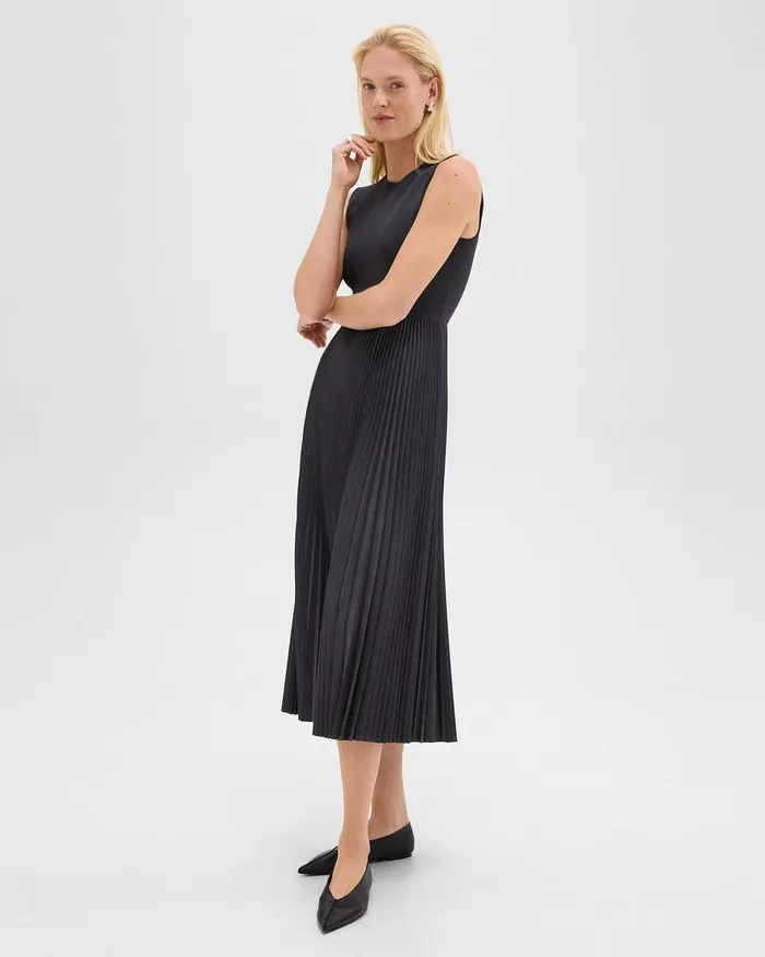 Women Dresses Theory Pleated Combo Dress In Stretch WoolBlend Charcoal Melange