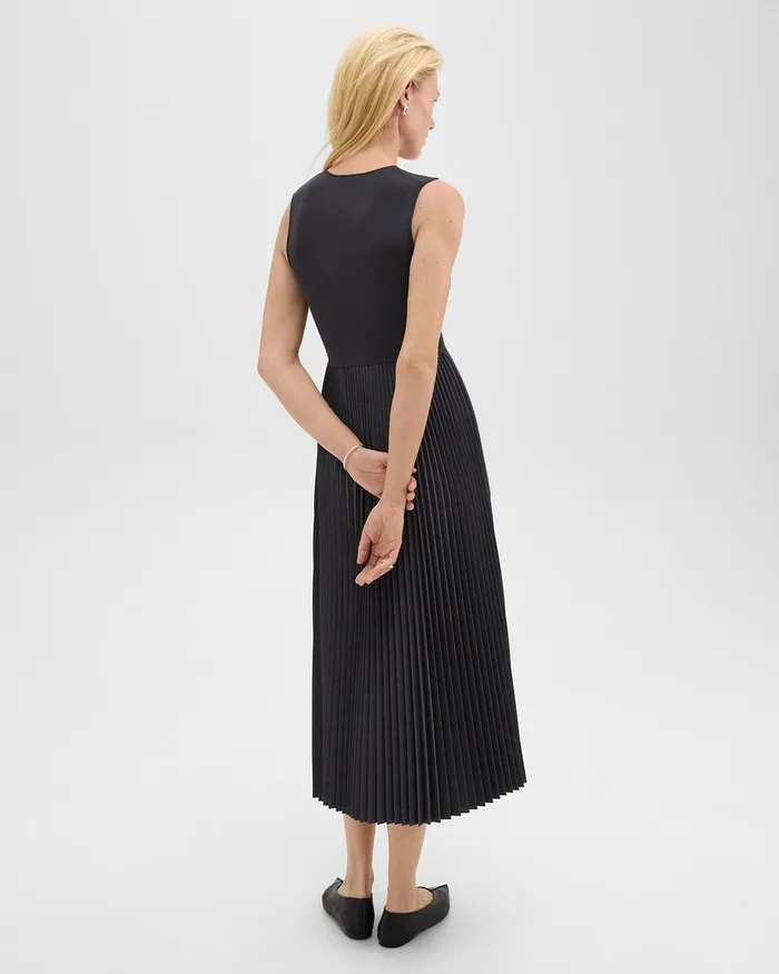 Women Dresses Theory Pleated Combo Dress In Stretch WoolBlend Charcoal Melange