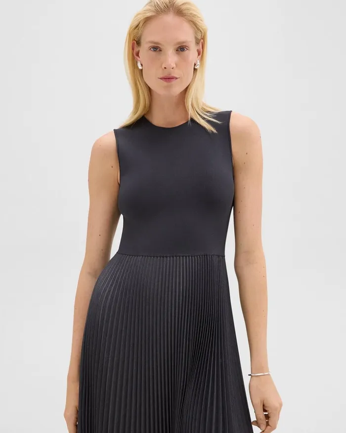 Women Dresses Theory Pleated Combo Dress In Stretch WoolBlend Charcoal Melange