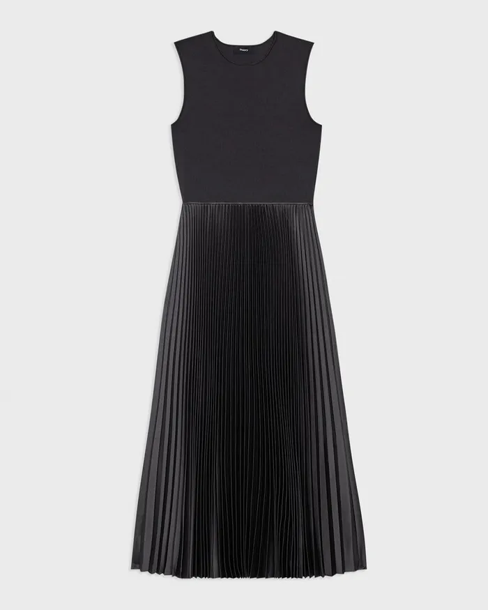 Women Dresses Theory Pleated Combo Dress In Stretch WoolBlend Charcoal Melange