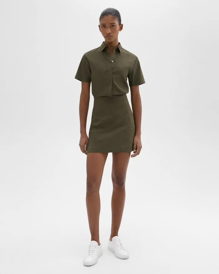 Women Dresses Theory ShortSleeve ALine Dress In Good Linen Dark Olive