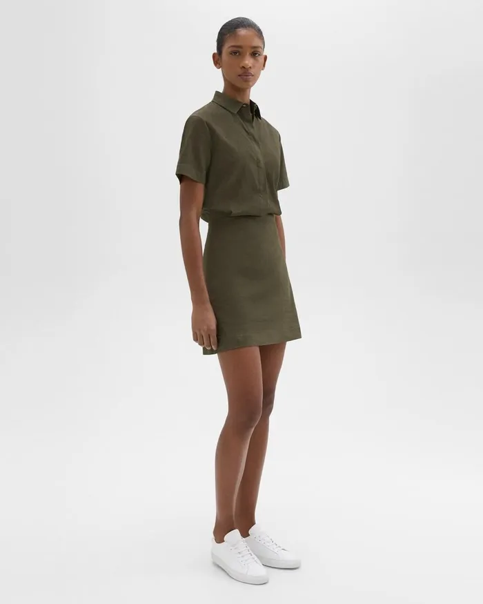 Women Dresses Theory ShortSleeve ALine Dress In Good Linen Dark Olive