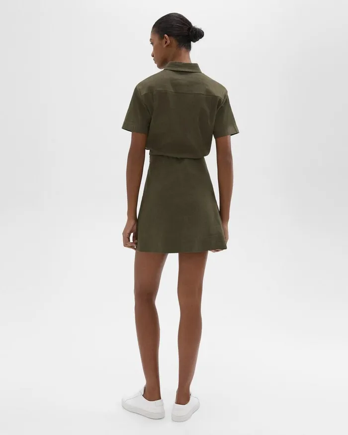 Women Dresses Theory ShortSleeve ALine Dress In Good Linen Dark Olive