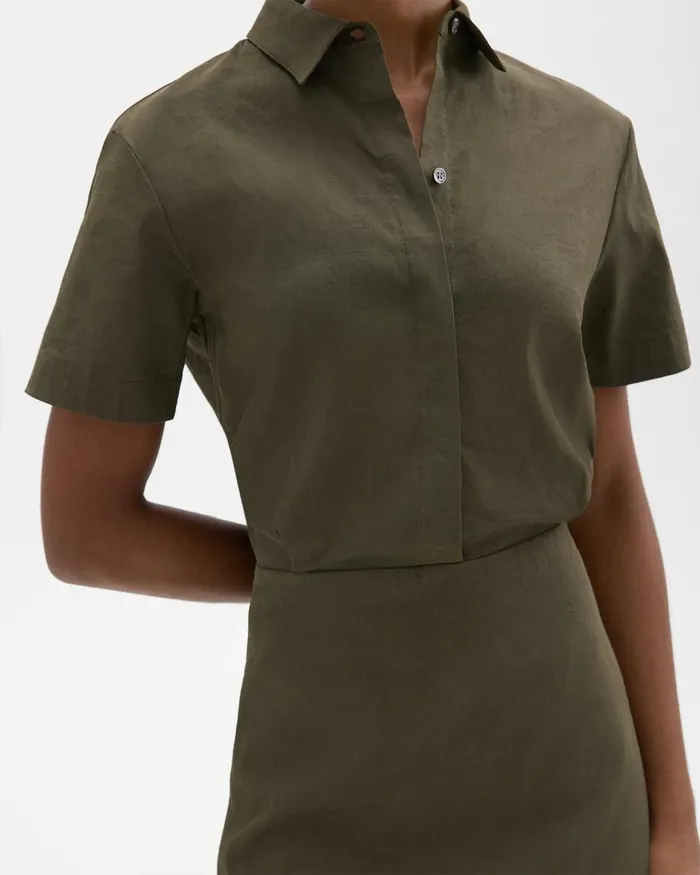 Women Dresses Theory ShortSleeve ALine Dress In Good Linen Dark Olive