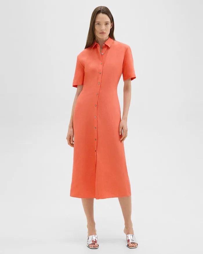 Women Dresses Theory ShortSleeve Shirt Dress In Galena Linen Bright Coral