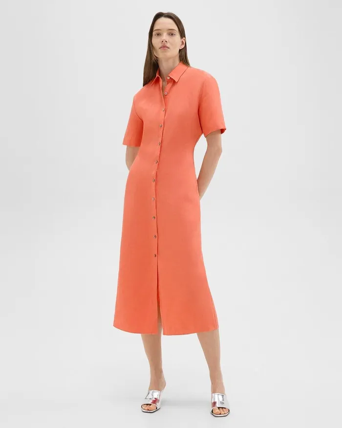 Women Dresses Theory ShortSleeve Shirt Dress In Galena Linen Bright Coral