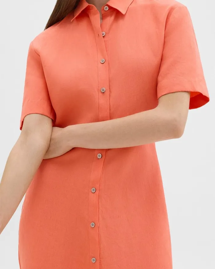 Women Dresses Theory ShortSleeve Shirt Dress In Galena Linen Bright Coral