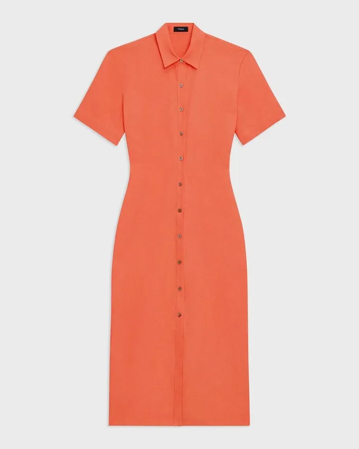 Women Dresses Theory ShortSleeve Shirt Dress In Galena Linen Bright Coral