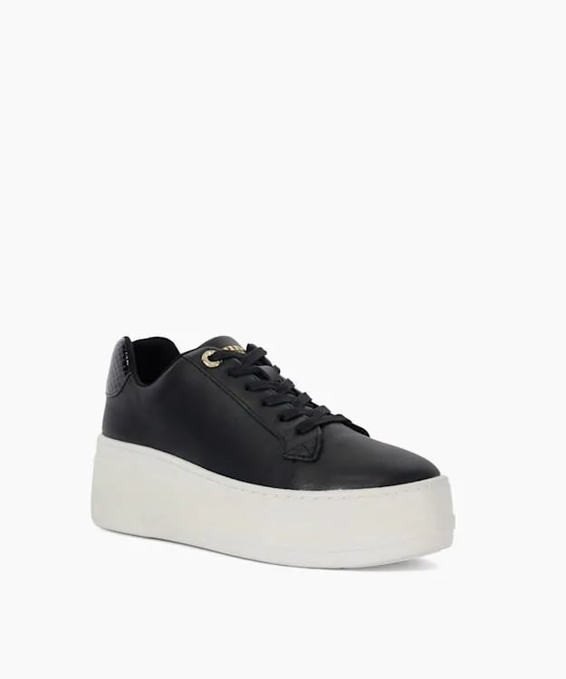 Women Dune London Flat Shoes Leather Flatform Trainers Black Leather