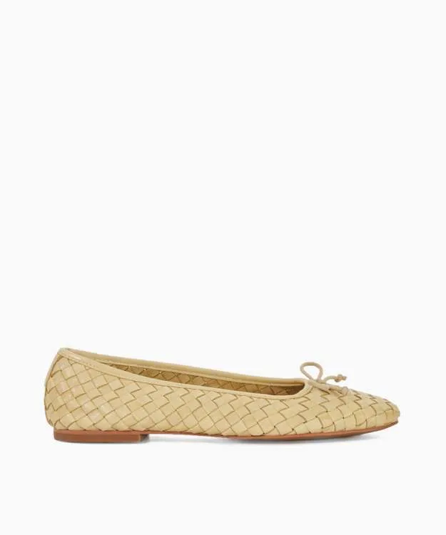 Women Dune London Flat Shoes Woven Leather Bow Detail Ballet Pumps Yellow