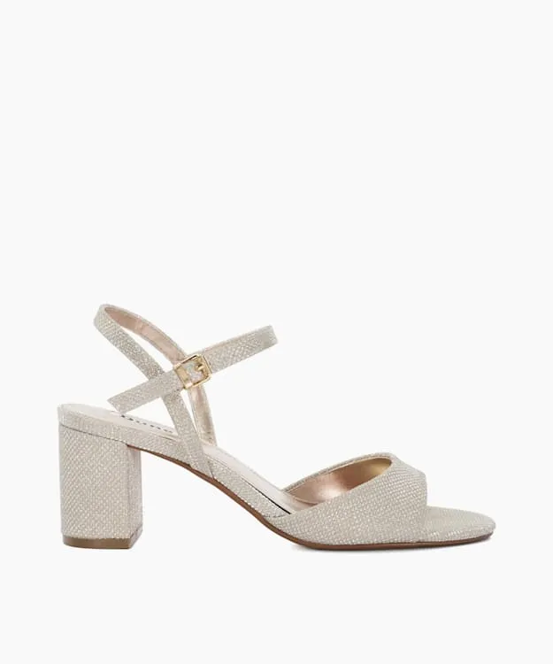 Women Dune London Heeled Sandals Block Heel Ankle Strap Sandals Metallic