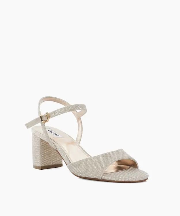 Women Dune London Heeled Sandals Block Heel Ankle Strap Sandals Metallic