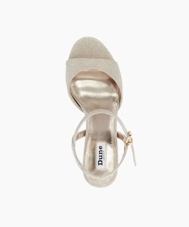 Women Dune London Heeled Sandals Block Heel Ankle Strap Sandals Metallic