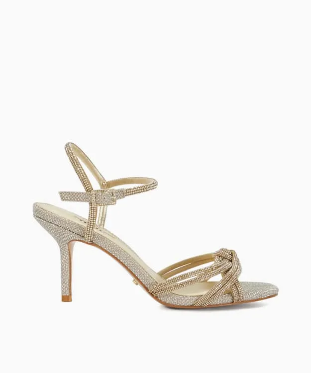 Women Dune London Heeled Sandals Diamante Detail Open Toe Heel Shoes Metallic