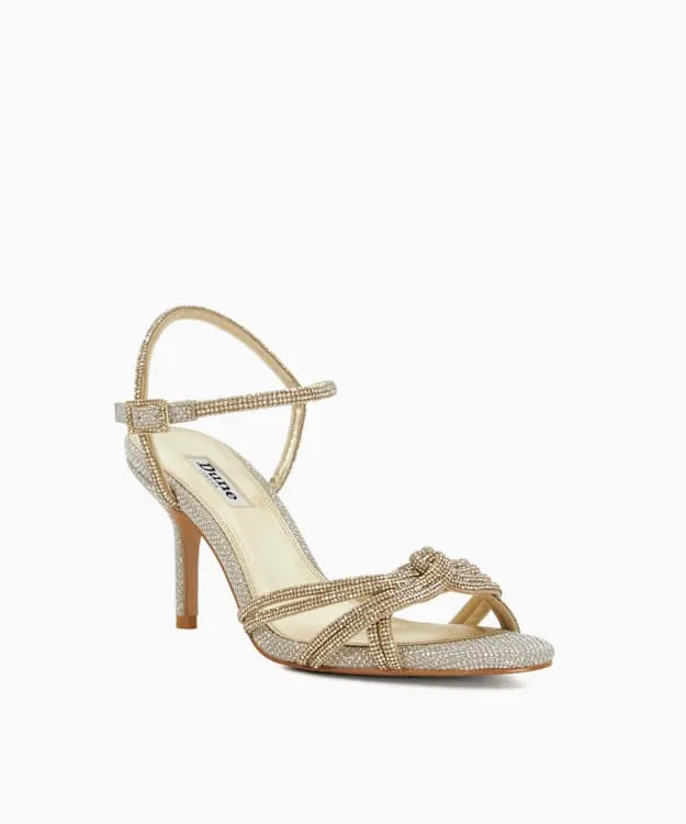Women Dune London Heeled Sandals Diamante Detail Open Toe Heel Shoes Metallic