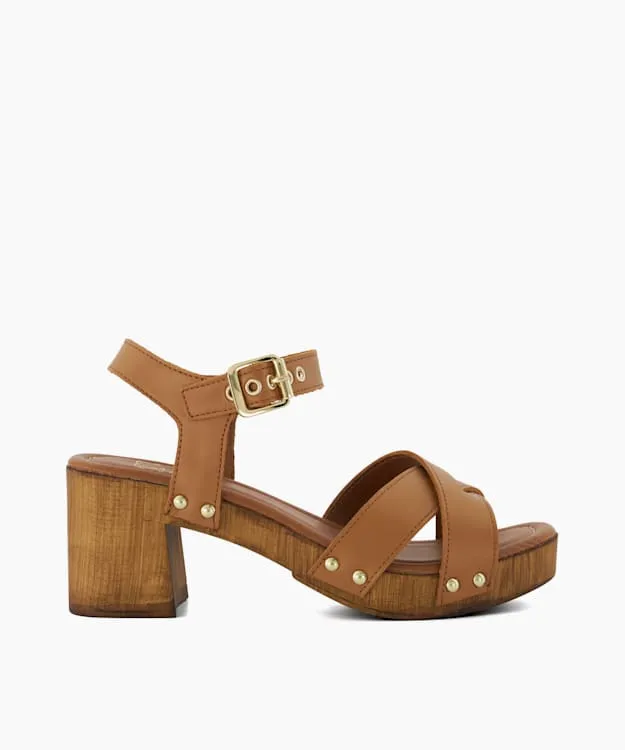 Women Dune London Heeled Sandals Leather Cross Strap Clog Heels Brown