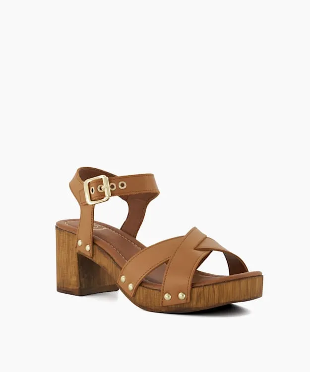 Women Dune London Heeled Sandals Leather Cross Strap Clog Heels Brown