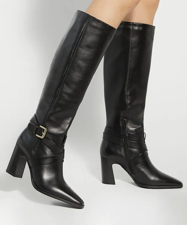 Women Dune London Knee High Boots Block Heel Knee High Boots Black Leather