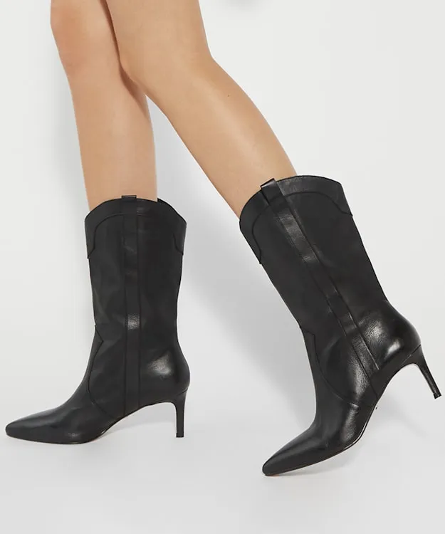 Women Dune London Knee High Boots Pointed Toe Mid Calf Western Boots Black