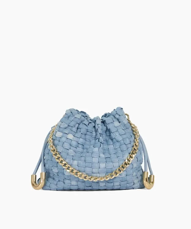 Women Dune London Leather Bags Small Drawstring Woven Leather Bag Blue