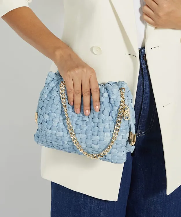 Women Dune London Leather Bags Small Drawstring Woven Leather Bag Blue