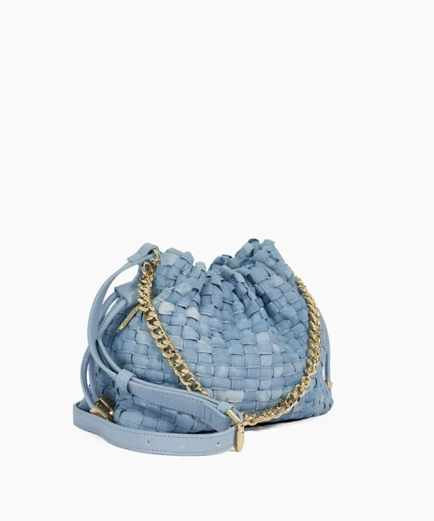 Women Dune London Leather Bags Small Drawstring Woven Leather Bag Blue