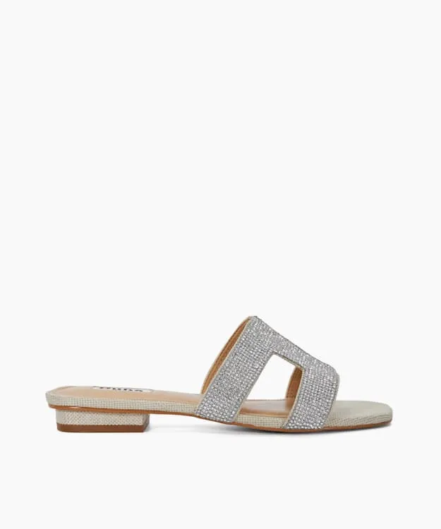 Women Dune London Loupe Sandals Diamante Flat Sliders Metallic