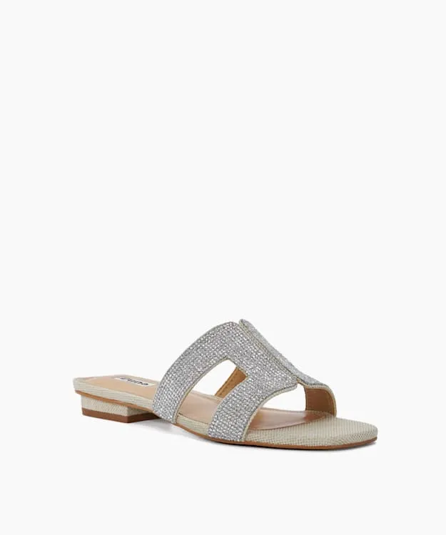 Women Dune London Loupe Sandals Diamante Flat Sliders Metallic
