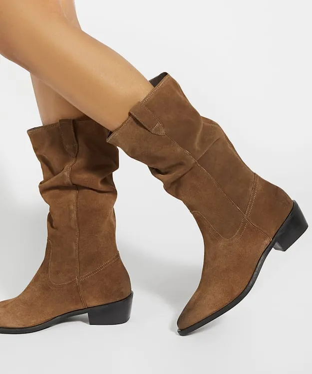Women Dune London Western Cowboy Boots Slouchy Mid Calf Western Boots Neutral