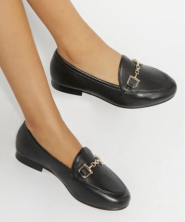Women Dune London Wide Fit Shoes Almond Toe Buckle Detail Loafers Black