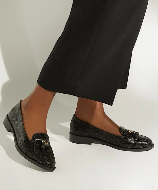 Women Dune London Wide Fit Shoes Wide Fit TasselTrim Loafers Black Leather