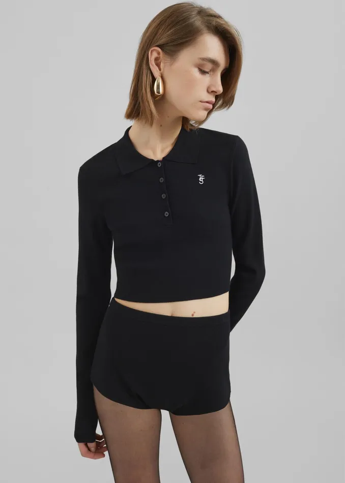 Women Giselle Cropped Knit Polo 8211 Black The Frankie Shop Knitwear