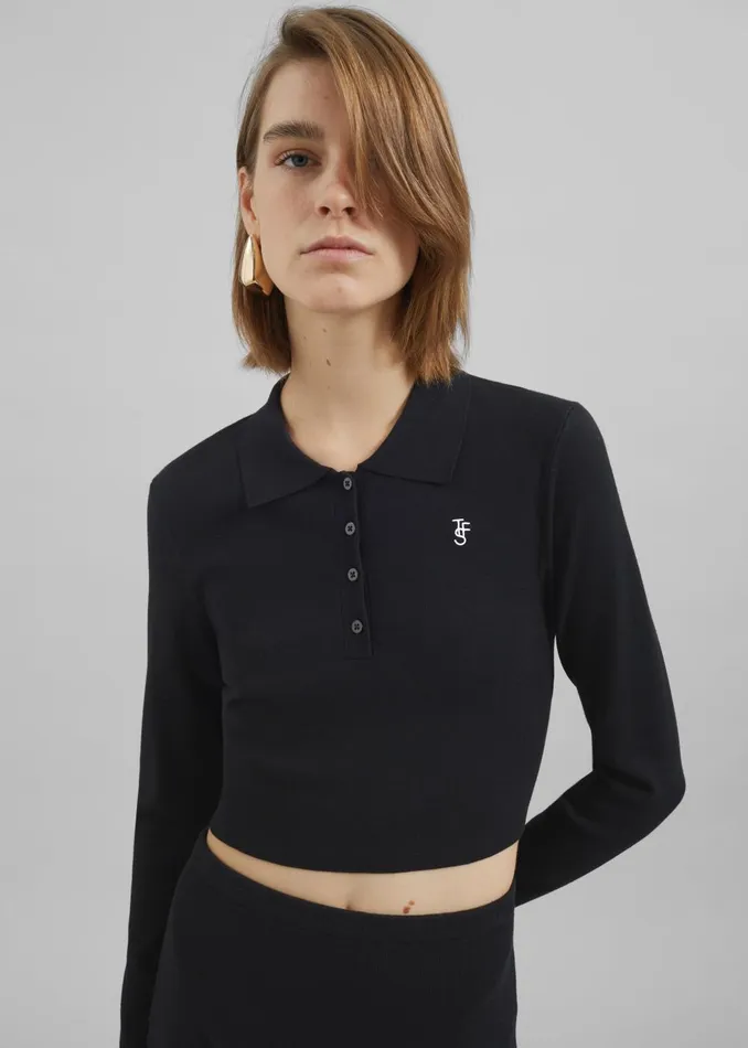 Women Giselle Cropped Knit Polo 8211 Black The Frankie Shop Knitwear