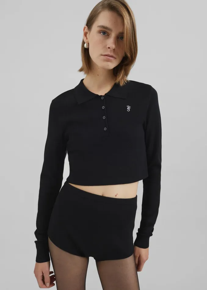 Women Giselle Cropped Knit Polo 8211 Black The Frankie Shop Knitwear