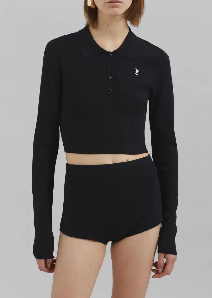 Women Giselle Cropped Knit Polo 8211 Black The Frankie Shop Knitwear