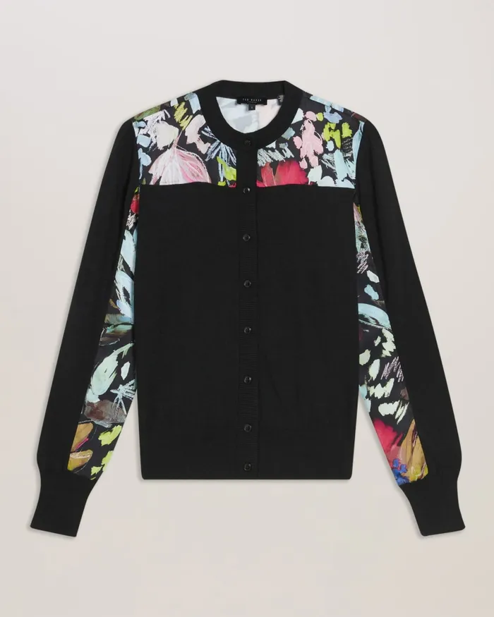 Women IILEENA 8211 Woven Floral Panel Cardigan Black Ted Baker Jumpers and Cardigans