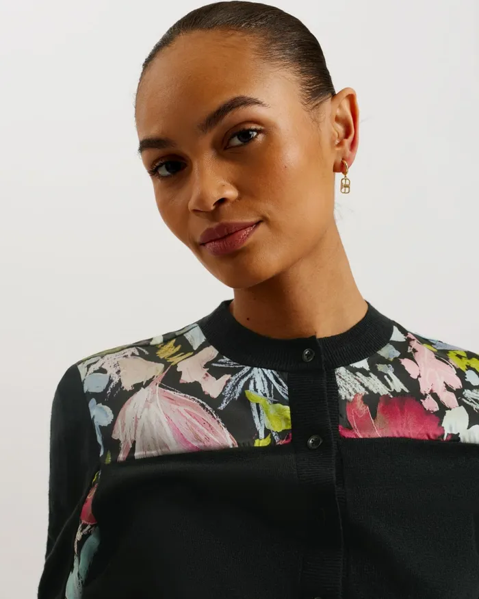 Women IILEENA 8211 Woven Floral Panel Cardigan Black Ted Baker Jumpers and Cardigans Women IILEENA 8211 Woven Floral Panel Cardigan Black Ted Baker Jumpers and Cardigans