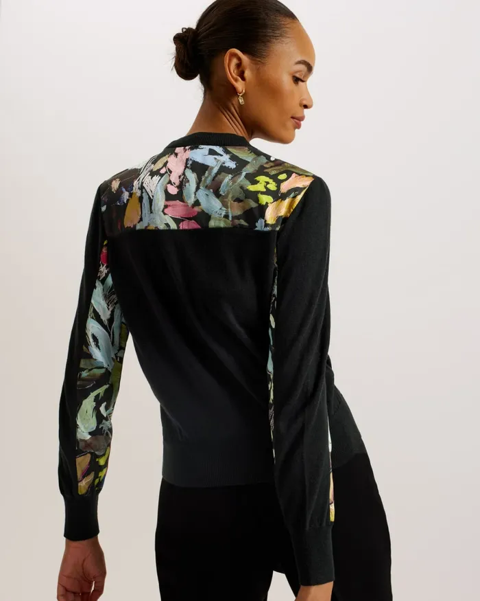 Women IILEENA 8211 Woven Floral Panel Cardigan Black Ted Baker Jumpers and Cardigans Women IILEENA 8211 Woven Floral Panel Cardigan Black Ted Baker Jumpers and Cardigans
