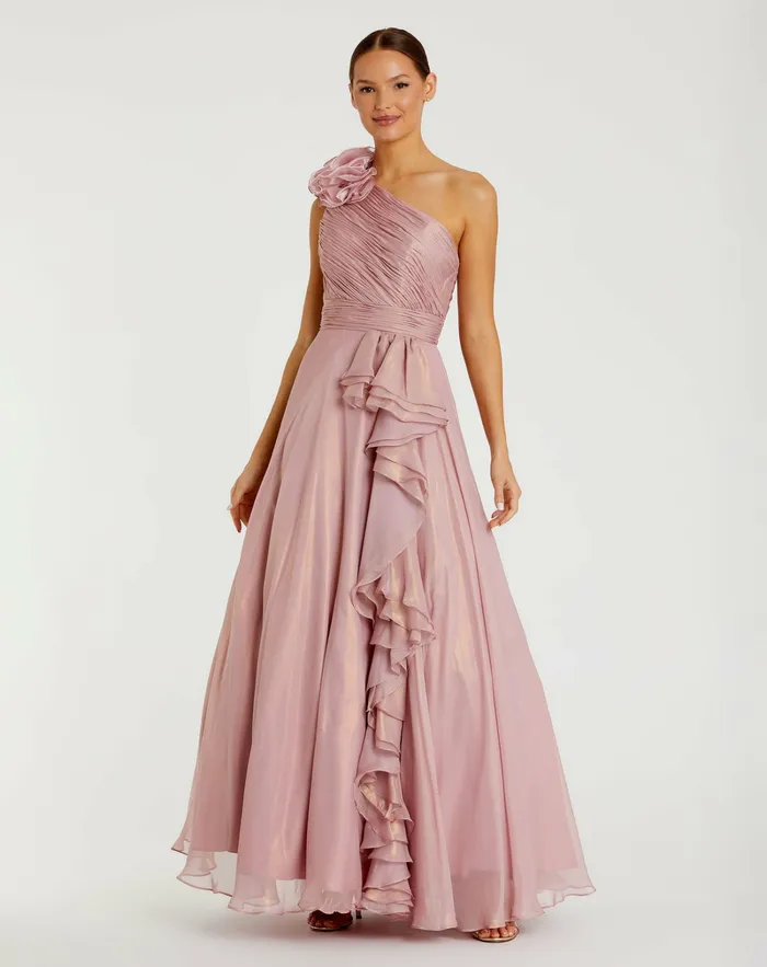 Women Iridescent One Shoulder Rosette Ball Gown RoseGold Best Sellers Mac Duggal