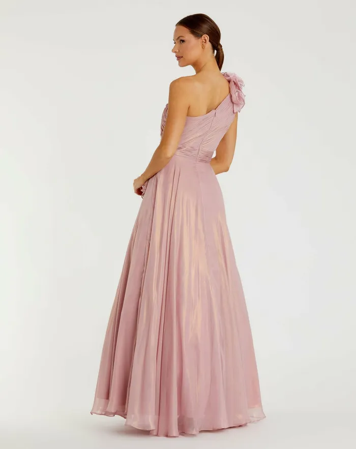 Women Iridescent One Shoulder Rosette Ball Gown RoseGold Best Sellers Mac Duggal
