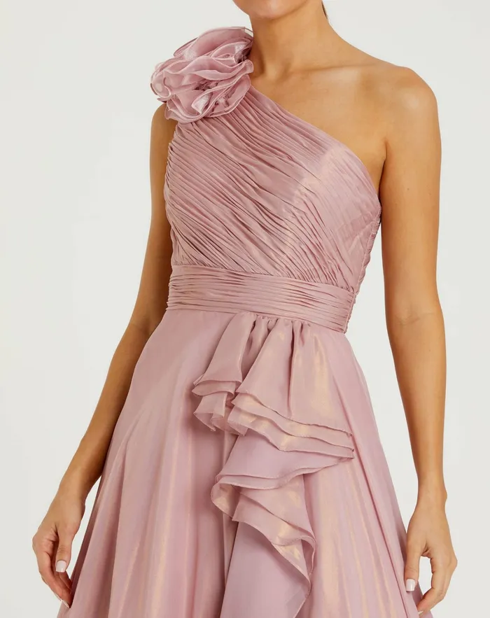 Women Iridescent One Shoulder Rosette Ball Gown RoseGold Best Sellers Mac Duggal