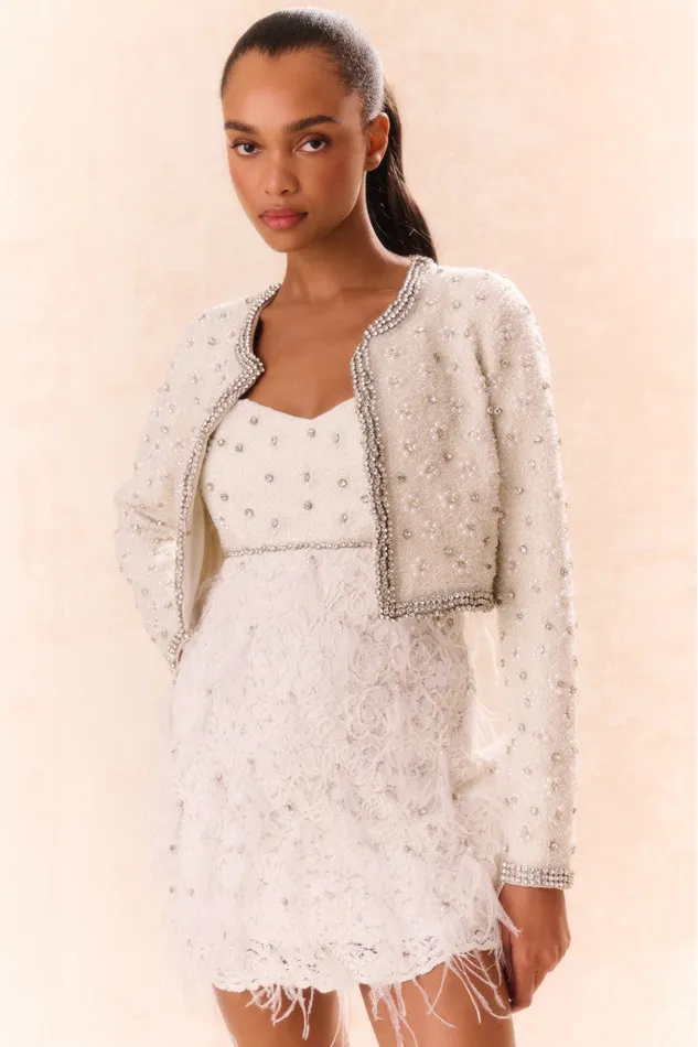 Women Jackets and Coats LoveShackFancy Cosmos Beaded Cropped Jacket Cream